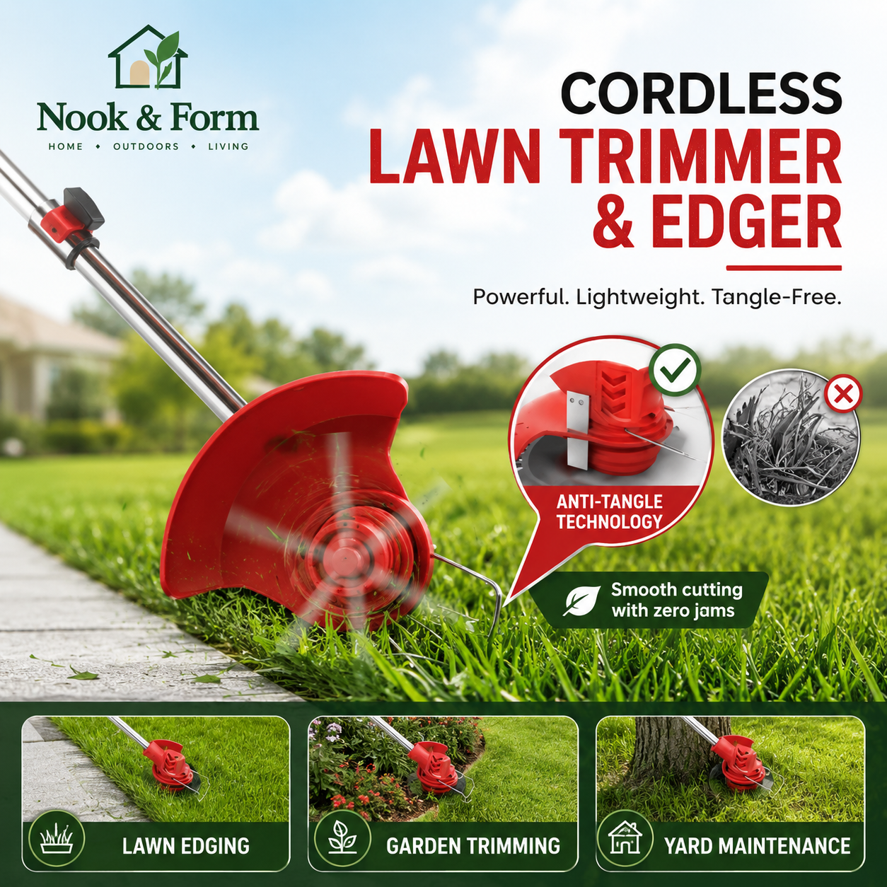 Nook & Form 21V Cordless Weed Wacker – 3-in-1 Grass Trimmer, Lawn Edger & Brush Cutter with 2 Batteries