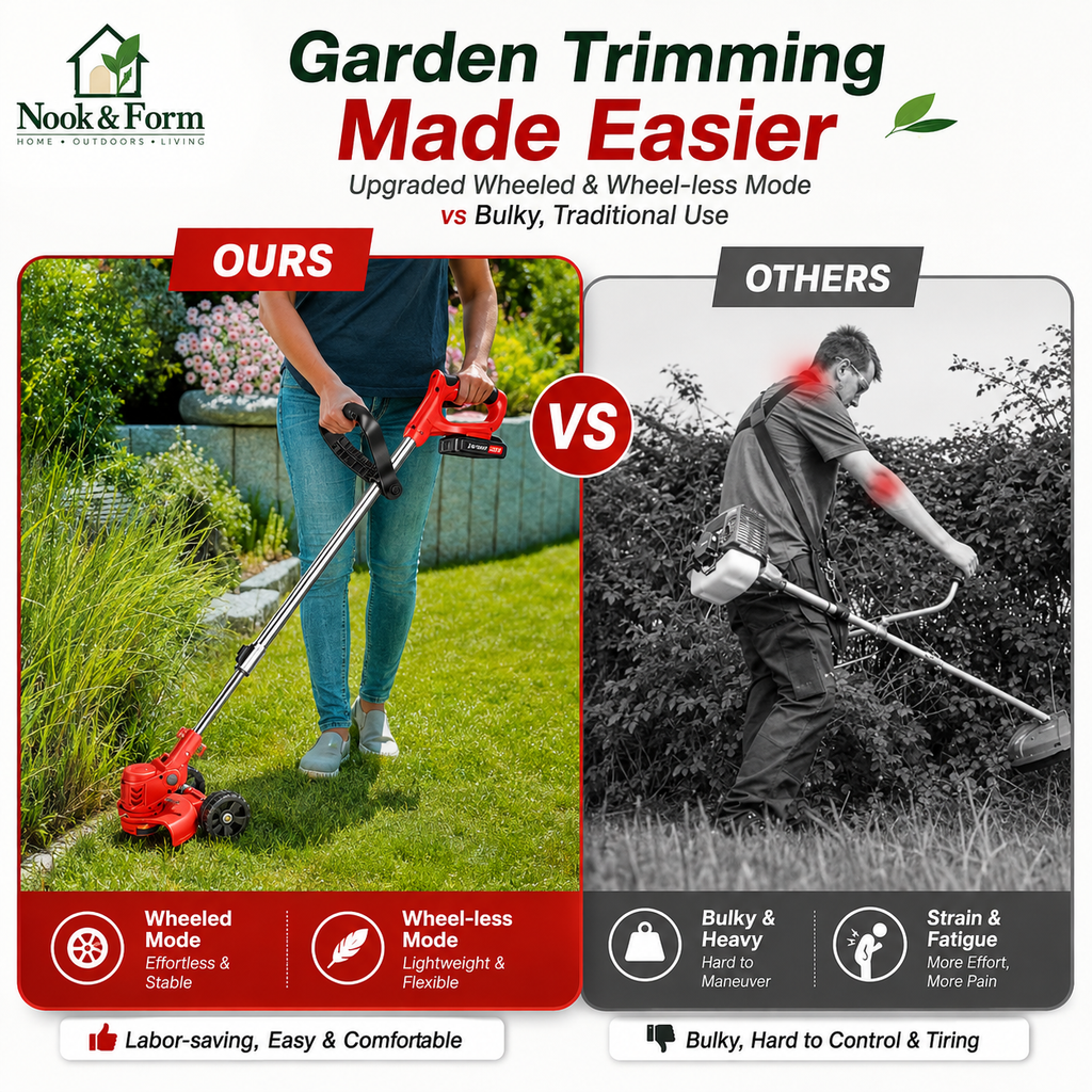 Nook & Form 21V Cordless Weed Wacker – 3-in-1 Grass Trimmer, Lawn Edger & Brush Cutter with 2 Batteries