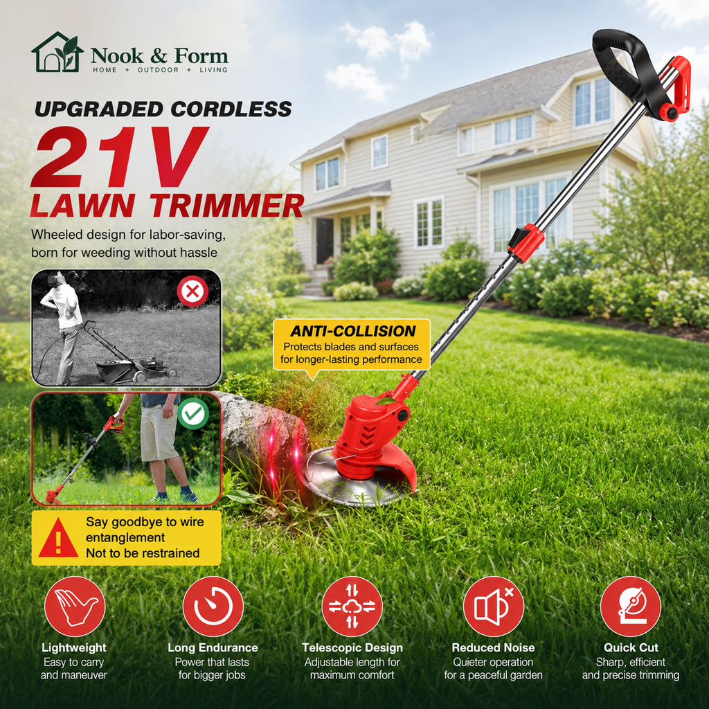 Nook & Form 21V Cordless Weed Wacker – 3-in-1 Grass Trimmer, Lawn Edger & Brush Cutter with 2 Batteries