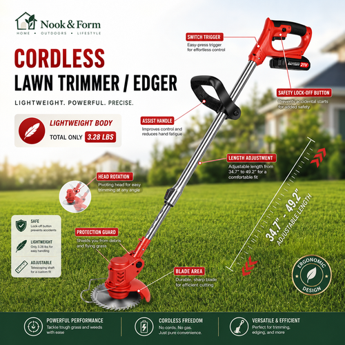 Nook & Form 21V Cordless Weed Wacker – 3-in-1 Grass Trimmer, Lawn Edger & Brush Cutter with 2 Batteries