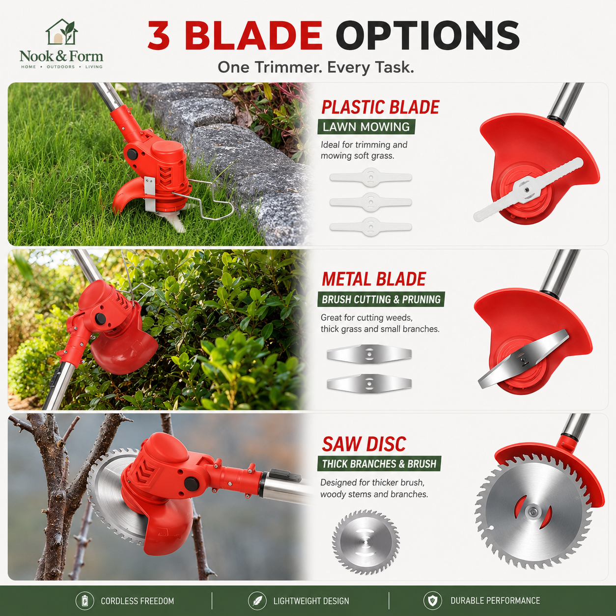 Nook & Form 21V Cordless Weed Wacker – 3-in-1 Grass Trimmer, Lawn Edger & Brush Cutter with 2 Batteries