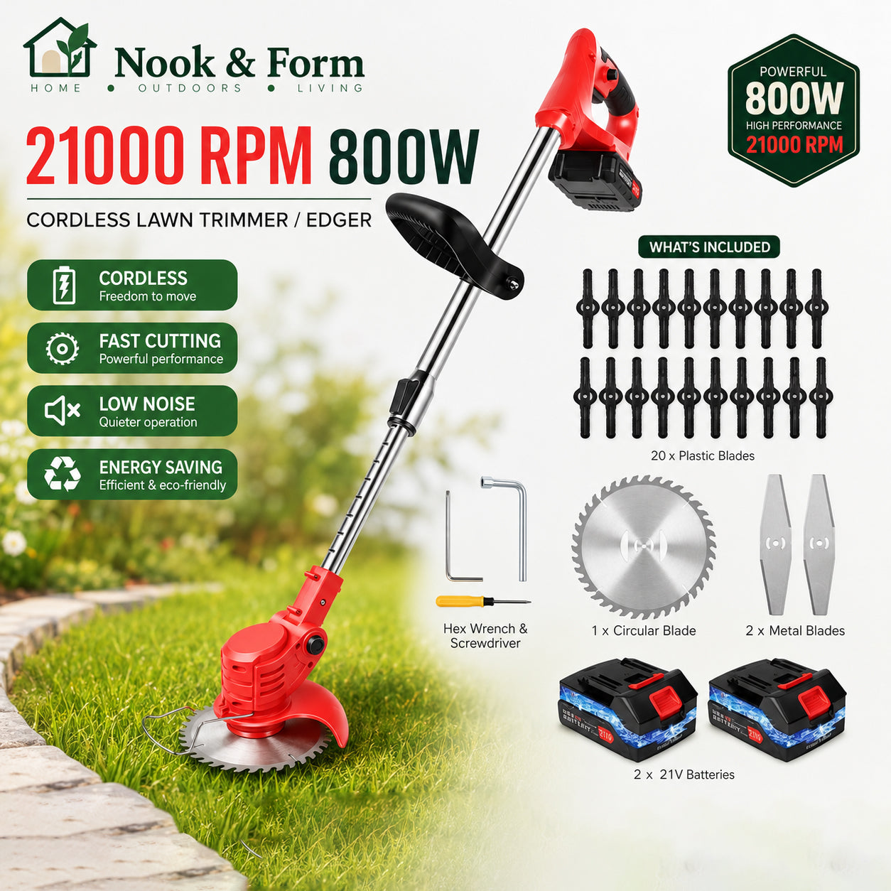 Nook & Form 21V Cordless Weed Wacker – 3-in-1 Grass Trimmer, Lawn Edger & Brush Cutter with 2 Batteries